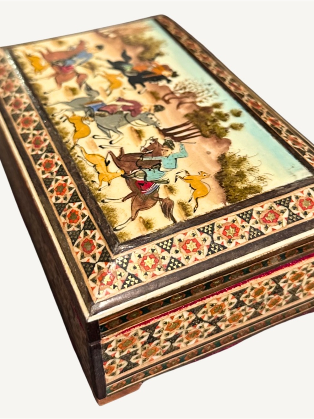 Antique Hand Painted Khatam Kari Persian Wood Micro Mosaic Inlay Hinged Box